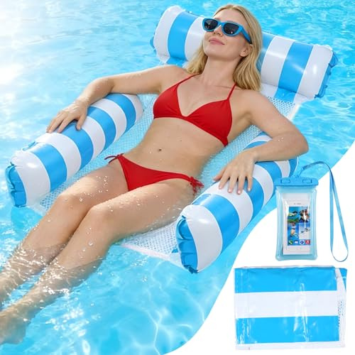 FEMONGY Pool inflatables, Inflatable pool chair, Floating chairs for pools | Comes with a waterproof phone pouch, perfect for summer swimming, beach, and pool parties, Blue striped