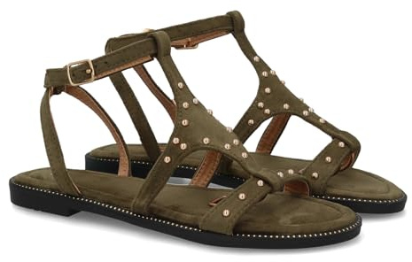104037 Sandalia plana de mujer con diseno elegante y detalles metalicos de tachuelas, estructura de tiras finas, suela fina, ligera y comoda. Cierre de hebilla al tobillo. Verde Talla 41