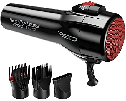 RED by Kiss Handle-Less 2200W Ceramic Tourmaline Hair Dryer, 3 Heat Settings, Pro Blow Dryer with Comb Attachment, Ionic for Frizz-Free Shine, Detangler & Straightening for 4C