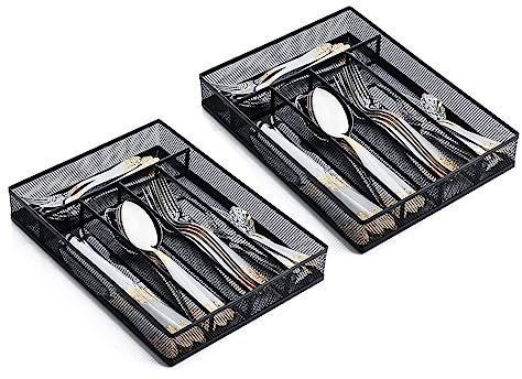 Organiser Tray Kitchen Drawer Cutlery Organiser Space Saving Storage, Steel Mesh Organizer Drawer Insert with Non-Slip Foam Feet by Halter, Black, Small, Set of 2