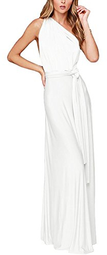 Womens Convertible Multi Way Wrap Transformer Infinity Solid Cocktail Off Shoulder Bridesmaid Evening Long Maxi Dress White XS