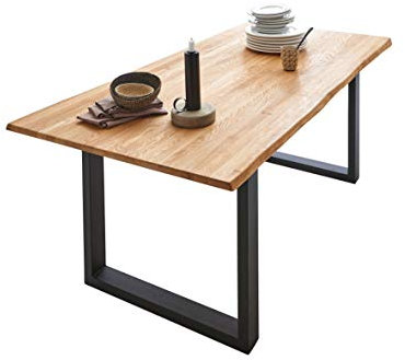 SAM Baumkantentisch 140 x 80 cm Seattle, Eichenholz/Wildeiche massiv, Esstisch mit U-Gestell Metall Schwarz lackiert, jeder Esszimmertisch EIN Unikat, Tischplatte 26 mm