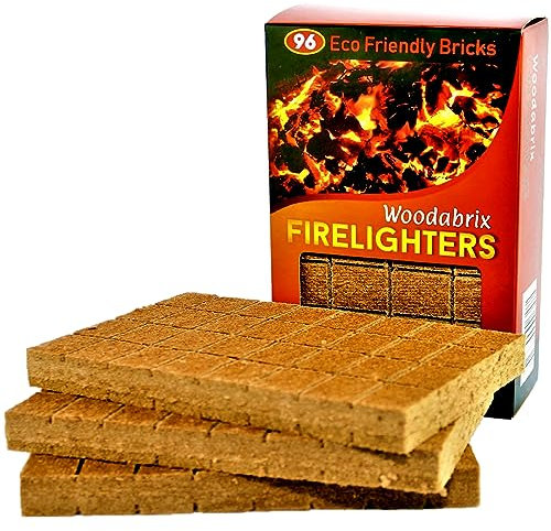 Woodabrix Accendifuoco ecologici Realizzati in Legno Naturale. 96 accendifuoco sostenibili, Ideali per stufe a Legna, bracieri, forni per Pizza, Griglie. Non è Richiesta alcuna accensione. Luci Anche