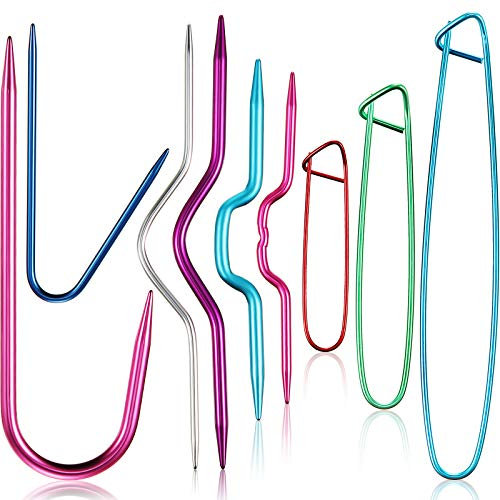 WILLBOND 9 Pieces Cable Stitch Holders, Mixed Color Aluminum Cable Needles Stitch Holders, Safety Pin Brooch Weaving Sweater Knitting Tool, Bent Tapestry Needles for Yarn Sewing Knitting