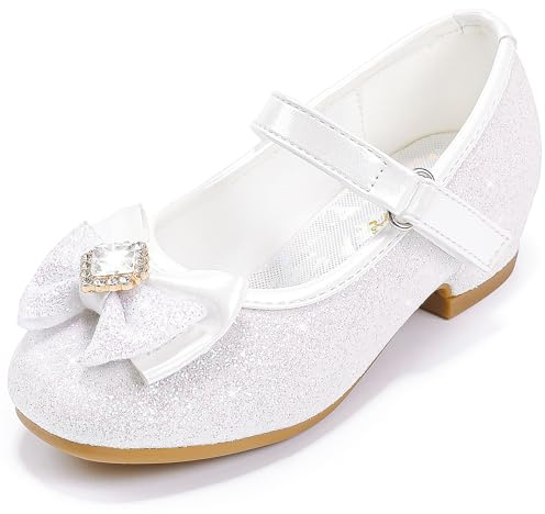 Furdeour White Mary Janes for Girls White Dress Shoes Flower Princess Shoes Size 2 Girls Easter Shoes First Communion Girl Flats Kids Heel Prom 9 Years Old Glitter Sparkle Wedding (2701White 2)