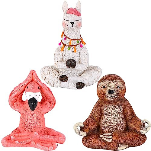 Mood Lab Miniatur-Yoga-Figuren-Set – lustiges Mini-Statuen-Set mit 3 Stück – Flamingo, Lama und Faultier in Meditationspose – Feengarten-Dekoration