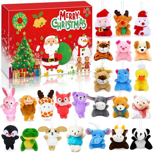 Chennyfun Adventskalender 2024 mit 24 Stück Plüschtier Schlüsselanhänger, 24 Tage Adventskalender Countdown Überraschungen mit Tier Plüsch Spielzeug, Weihnachten Geschenke für Jungen Mädchen