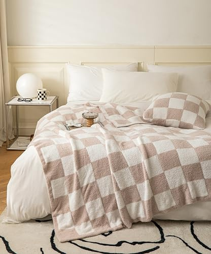 Ultra Soft Cozy Buffalo Checkerboard Grid Fluffy Microfiber Knitted Throw Blanket Lightweight Fleece Checkered Blanket for Sofa Couch Bed Travel Cream 30X40¡­