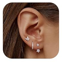 JeweBella 3Pares Pendientes Mujer Plata de Ley 925 Chapada en Oro de 14K Pendientes Pequeños Circonita Pendientes Aro Juego para Múltiples Piercings