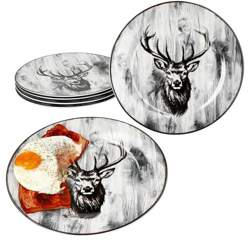 MamboCat Alois Lot de 6 assiettes plates I Ø 27,2 cm I Assiettes plates en porcelaine avec décor cerf pour 6 personnes I Grandes assiettes pour repas principaux, barbecue, etc.