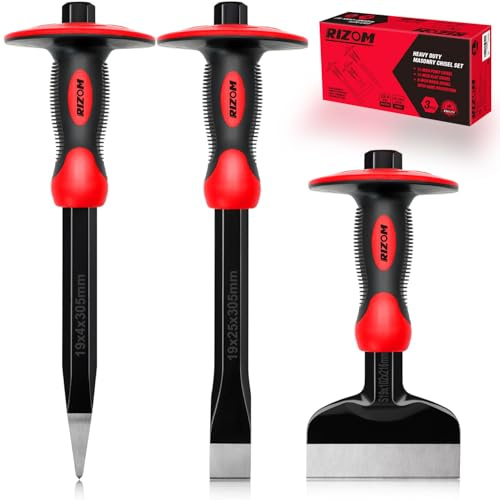 Rizom Chisel Set with Hand Protection, 3 Pcs Stone and Rock Chisel, Heavy Duty Masonry Tools including 11-Inch Point and Flat, 8-Inch Brick