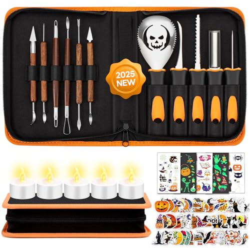 EIKEJI Pumpkin Carving Kit with Stencils, 82 Pcs Halloween Pumpkin Carving Set - Professional Pumpkin Carving Tools, Heavy Duty Stainless Steel Knife Set with Carrying Case and Electronic Candles