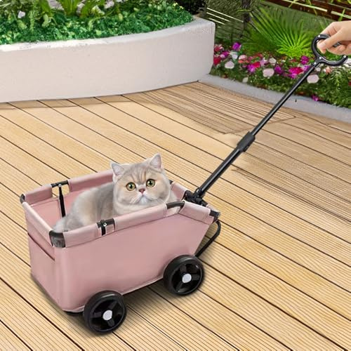 Poussettes pour chats pliable, avec tige de poussée réglable, Poussette Portable pour Animaux de Compagnie, Chariot pour Chien et Chat, 51 * 35 * 31cm (Rose)