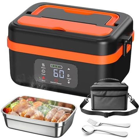 Portapranzo riscaldato con batteria, contenitore per pranzo da 1,3 l per adulti, portapranzo riscaldato con stoviglie in acciaio inossidabile e borsa isotermica, portapranzo elettrico ricaricabile con