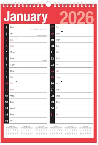 2026 Calendar UK - A3 Month to View Planner - Large Font Spiral Bound Wall Hanging Year Planner & Organiser - for Home Business Office School