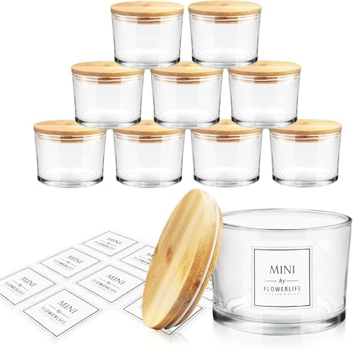 9 Pack Glass Candle Jars with Wood Lids, 454 ml Round Candle Containers for Making Candles, Empty Clear Glass Jars for Making Candles with Stickers and Labels