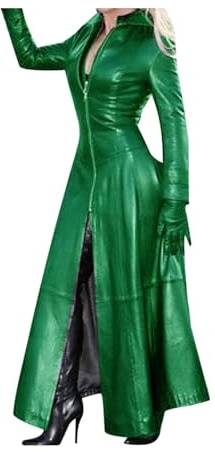 Damjacka I Konstläder, Lång Läderkappa, Trenchcoat, Vindjacka Med Dragkedja, PVC-läder, Sexig Lång Cosplay-kostym, Långärmad Morgonrock Med Slag, Reloaded, M-5XL(Green,M)