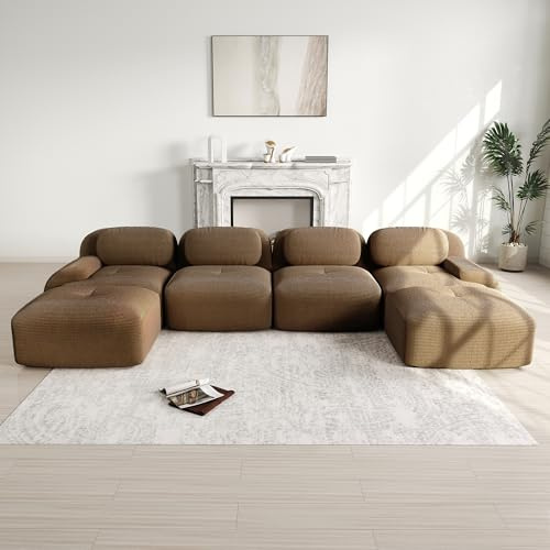 Ligterra Boneless Divano, paesaggio abitativo a forma di U, divano modulare a 4 posti in tessuto di velluto a coste, con 2 pouf, senza montaggio e lato inferiore antiscivolo, liberamente combinabile
