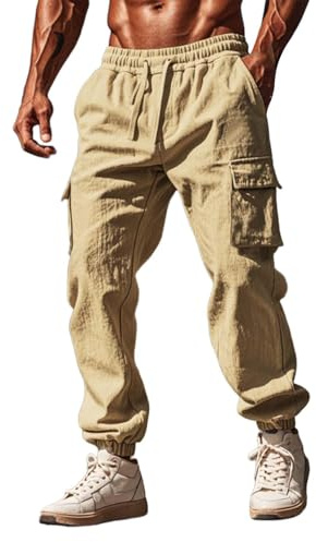Generisch Pantaloni da allenamento da uomo, lunghi, per il tempo libero, traspiranti, comodi, da corsa, alla moda, dritti, multi tasche, pantaloni sportivi con design termoretraibile, cachi, XL