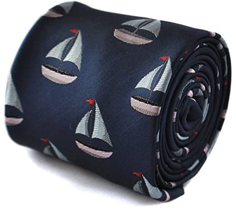 Frederick Thomas Navy Blue Tie with Embroidered Sailing Boat Design, Nautical Themed Tie for Office, Weddings and Parties, Classic 8cm Width