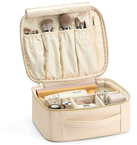 Vlando Travel Makeup Bag, Makeup Bag Organizer,Gift Ideas for Women Girls,Makeup Storgae Bag with Dividers and Handle,Gifts for Christmas,Birthday,Wedding Beige