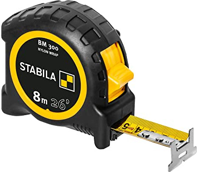 STABILA Fickbandsmått BM 300, 8 m (26 tum), måttband med dubbelsidig cm/tumskala, okrossbart PC/ABS-hölje, SPIKES-krok, stålband med NYLON-WRAP-beläggning, bältesklämma, MID-noggrannhet