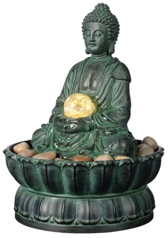Indoor Tabletop Fountain Buddha Exquisite Sitting Meditation Statue, Desk-Top Water Fountain Decorative Zen Fountain w/Glass Rolling Ball/LED/Stone for Office/Home/feng Shui Decor 9.4