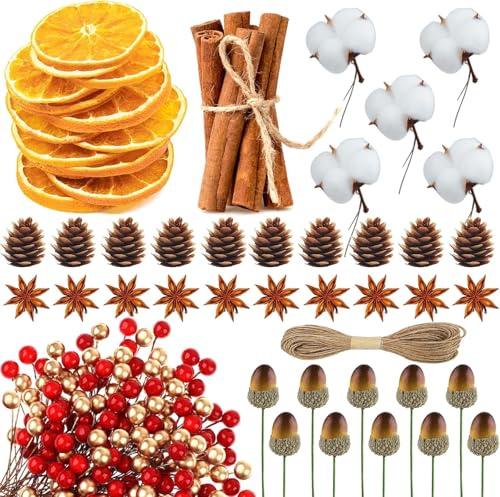 275Pcs Christmas Wreath Making Supplies, Cinnamon Sticks, Dried Orange Slices, Star Anise, Acorns for Crafts and Artificial Berries for Christmas Wreath Decoration, Natural Scent Diffuser