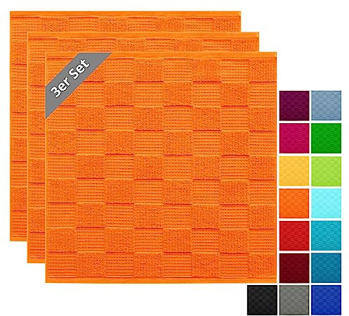 Lashuma Lissabon Küchentücher Orange, 3er Set 50x50 cm Geschirrtücher Frottee - Waffel, Handtücher Küche
