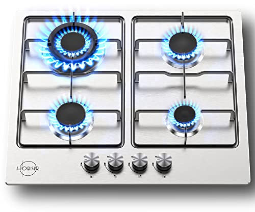 Gas Hob 4 Burners Hobsir Built-in Gas Cooktop with with Flame Failure Protection 60cm Stainless Steel LPG/NG Convertible Included Plug