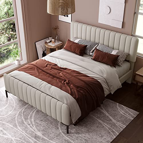 KUAKE Letto matrimoniale imbottito 180 x 200 cm, struttura letto con rete a doghe e testiera regolabile, rete a doghe in legno e lino, letto imbottito beige e grigio (180 x 200 cm)