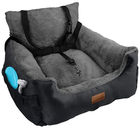 Furdreams Dog Car Seat (Black/Grey), Plush & Cosy Pet Car Booster Seat for Small Dogs & Cats with Storage Pocket, Dogs Bed with Safety Leash, Waterproof Liner & Non-Slip Base, Dog Travel Bed