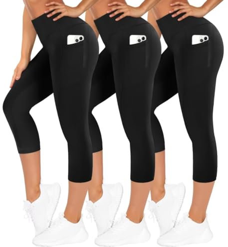 TNNZEET 3er Pack Leggings Damen 3/4 mit Taschen Capri für Sport, High Waist 7/8 Caprihose Sporthose für Gym(Schwarz/Schwarz/Schwarz,L-XL)