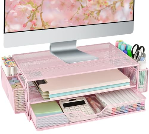 AUPSEN Computer Monitor Stands Riser，2-Tier Desk Organizers and Accessories, Office Desk Accessories Organizer with Drawers and 2 Pen Holder for Office Supplies (Pink)