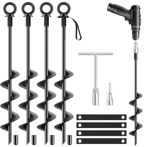 Anclajes de suelo de 18 pulgadas, 4 paquetes de estacas resistentes totalmente soldadas para trampolín, anclajes de rosca para columpio, tienda de campaña de viento alto, cochera, cobertizo, casa