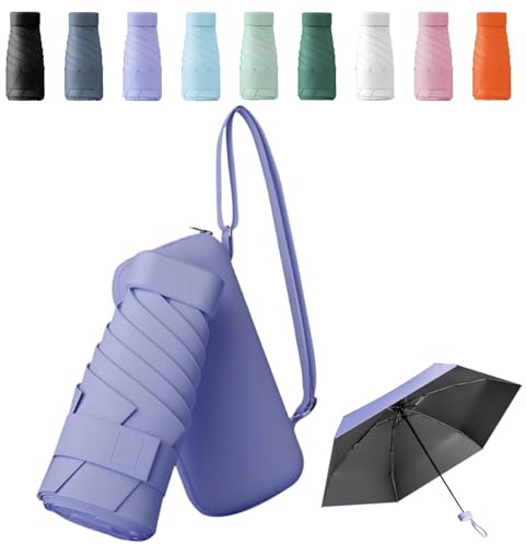 Sykerout Mini Regenschirm - Kompakter Taschenschirm, Faltbarer Reise-UV-Schirm Mit Kartenhalter Und Seil (Lila)