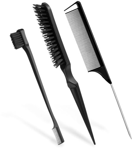 3 Pcs Slick Back Hair Brush, Double Sided Edges Slick Brush Set, Back Combing Teasing Brushes, Backcombing For Women Salon Hair Slicking, Black