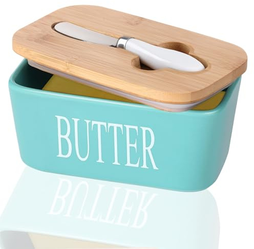 Butter Dish, Ceramic Butter Dish with Bamboo Lid and Cutter, Green | Porcelain Butter Box with Metal Knife, 650ml Storage Butter Container for Nuts Cheese ( 17.1x11x7.5cm )
