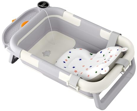 FIVMEN Babybadkar vikbar babybadkar med ram, termometer och badkudde halkfri bärbar för nyfödda småbarn, björn/kycklingar