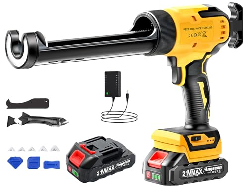 Pistola de calafateo de 2000 mAh y cargador, luz LED, 6 velocidades ajustables para llenado, sellado (amarillo)