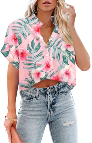 Cropped Hawaiian Shirts for Women Hawaii Tropical Button Down Tops Floral Tropic Print Summer Beach Outfits Light Pink