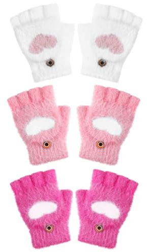 Geyoga 3 Paia Guanti Senza Dita di Cuore Guanti Convertibili con Flip Top(Rosso, Rosa, Bianco,5-10 Anni)