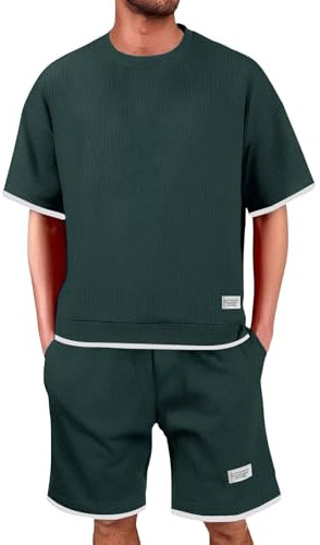 Waffle Trainingsanzug 2 Teiler Herren Jogginganzug Herren Shorts und Tshirt Set Sommer Outfit Zweiteiler Fitness Kleidung Freizeitanzug Shirt + Kurze Hose Sportanzug Sommeranzug (AB-GN2, M)