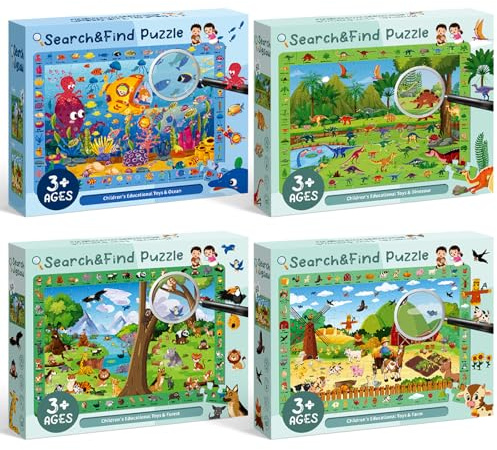 Sitodier Jigsaw Puzzles for Kids Ages 3-6, 4 x 60pcs Dinosaur Farm Forest Animals Ocean World Puzzles for Toddlers, Search and Find Puzzles, Educational Toy for 3 4 5 6 7 8 Years Boys Girls
