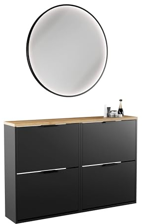 Planetmöbel 2 x Schuhschrank schmal inkl. runder Spiegel mit Beleuchtung 80 cm (3 Lichtstufen) Schuhkommode mit 2 Klappen Schuhregal mit 4 Ablagen, Garderobe Set, 60 x 23 x 80,5 cm, schwarz