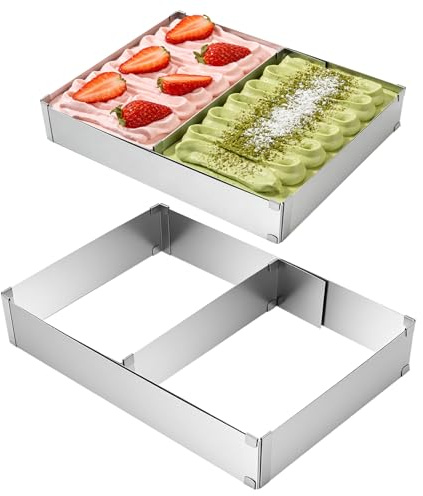 KOHAND Paquete de 2 moldes ajustables para tartas, marco rectangular para hornear con divisor, molde expandible de acero inoxidable para pasteles, pasteles, mousses, pizzas, 5 cm de alto (27-52 cm x
