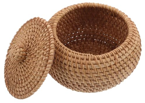VALICLUD Cesta Pequeña de Mimbre con Tapa Caja de Almacenamiento Redonda de Ratán Natural Organizador de Escritorio Compacto para Cocina Baño y Decoración del Hogar