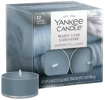Yankee Candle Warm Luxe Cashmere Tea Light Candles, Premium Plant Wax Scented Tealights for Winter, 12 Count, Blue, Up to 5 Hours Burn Time, Natural Fiber Wick, 0.44 oz Each