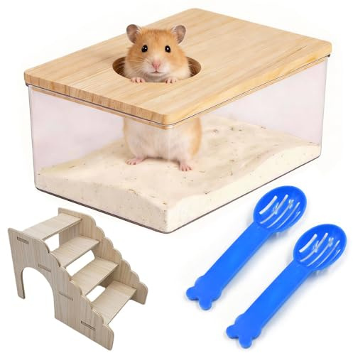 QingWing Transparenter Acryl Hamster Sandbad Box, Rennmaus Sandbad mit Leiter und Sandlöffel, 18,5x12,5x8,5cm Hamster Badewanne mit Holzdeckel, Toilettenhaus und Badezimmer Für Rennmäuse, Kleintiere