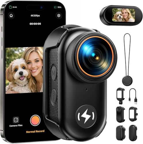 4K Mini Action Cam Bodycam Körperkamera im Daumen Format – Mini Kamera mit WLAN, 64GB Speicherkarte, 1,47 Zoll Display für einfaches Umschalten zwischen Quer- und Hochformat, magnetische Halterung